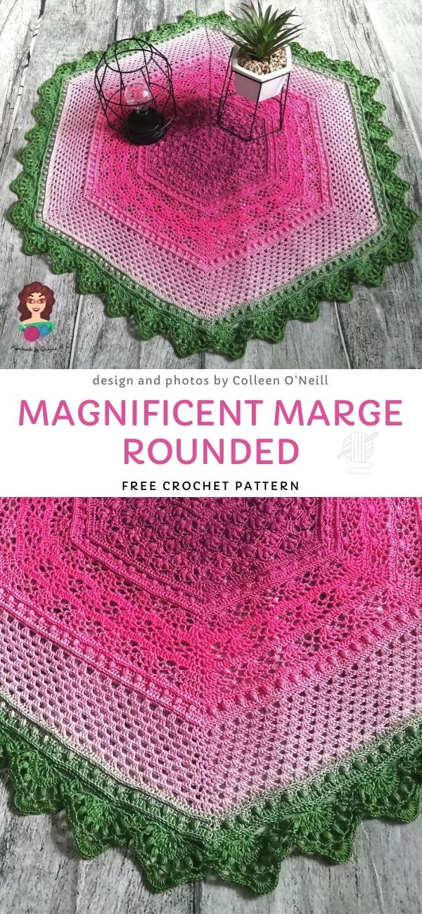 A pink and green crocheted hexagonal blanket lays elegantly on the floor, adorned with a plant and yarn. Text overlays celebrate it as the "Magnificent Marge Rounded," a stunning free crochet pattern. This exquisite piece is an ideal addition to your collection of crochet throws.