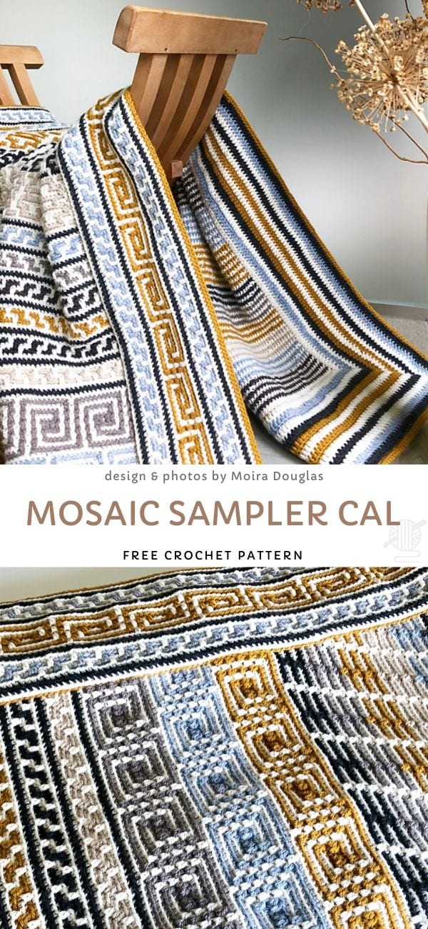 A crocheted mosaic sampler blanket drapes elegantly over a wooden chair, its intricate geometric patterns in blue, gold, white, and gray catching the eye. Text overlay announces "Mosaic Sampler CAL," inviting you to explore this exquisite free crochet throws pattern.