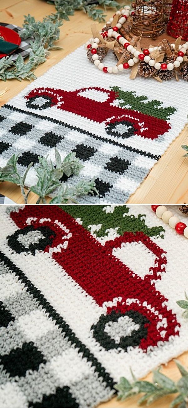 Red Christmas Truck Table Runner