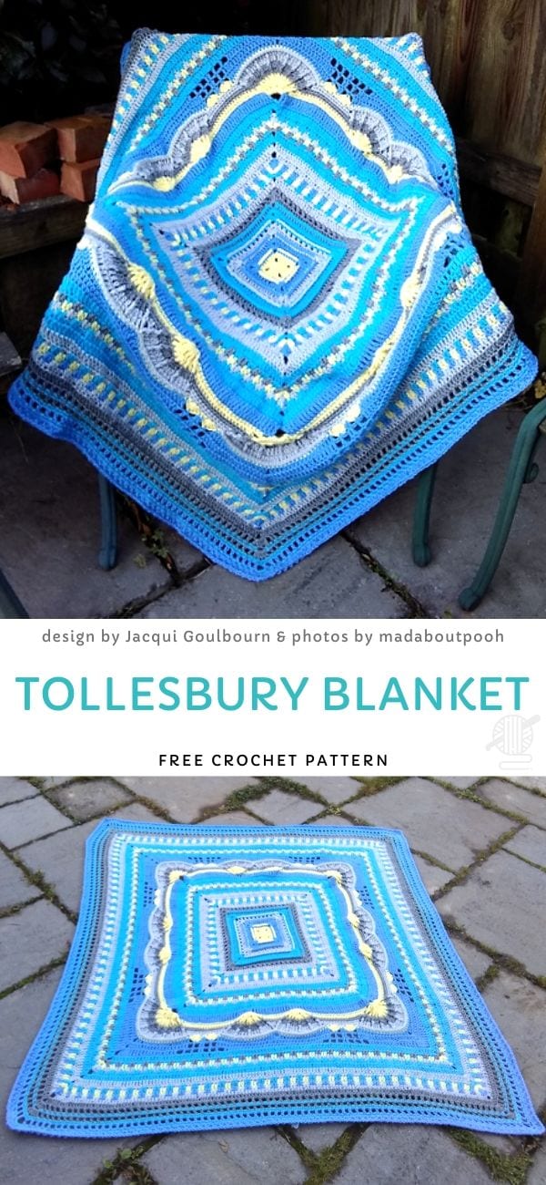 A colorful crocheted blanket draped over a chair showcases a geometric pattern in blue, yellow, and white hues. Text on the image reads "Tollesbury Blanket, Free Crochet Pattern," perfect for those seeking inspiration for crochet throws.
