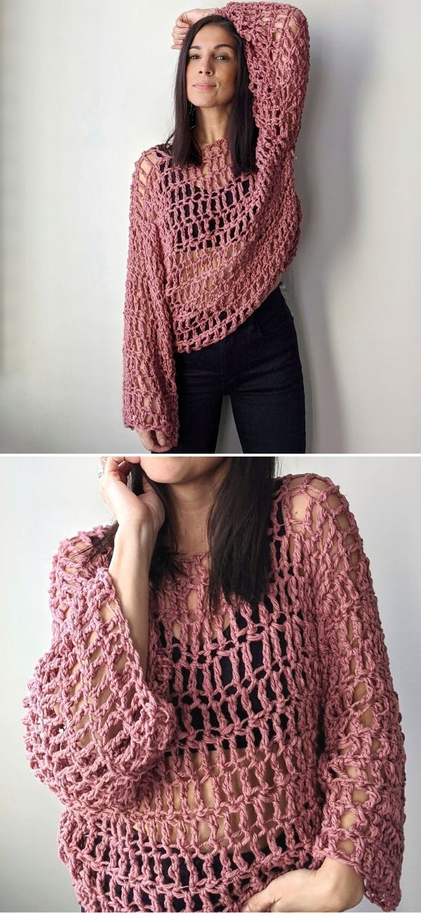 a woman in an oversized meshed crochet sweater top in berry color
