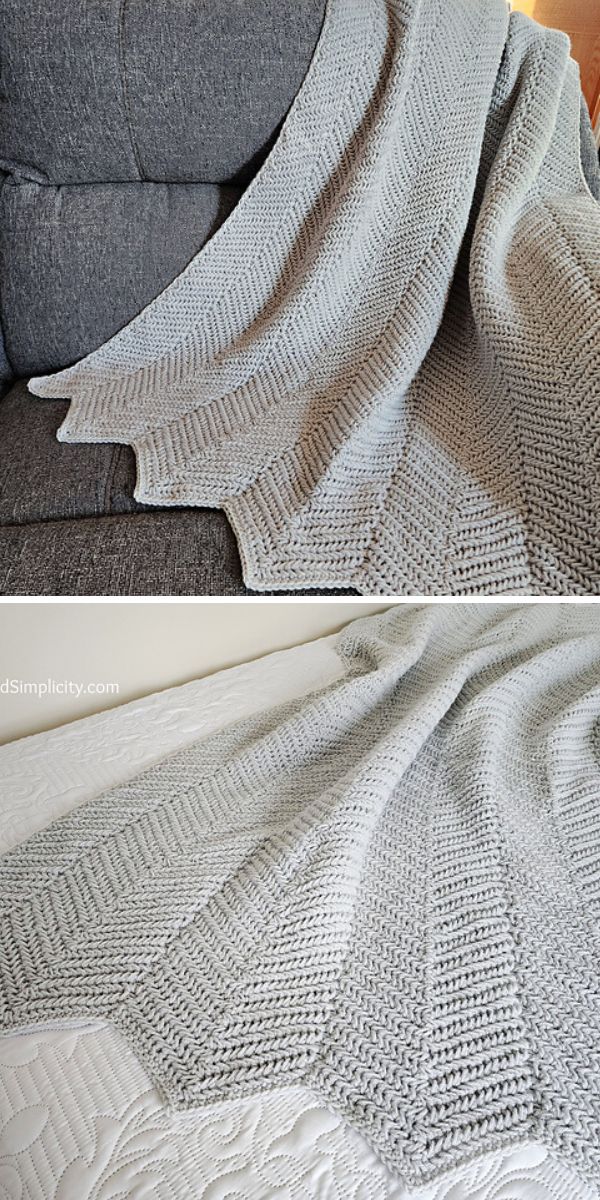 Two pictures of a grey crocheted afghan on a couch.