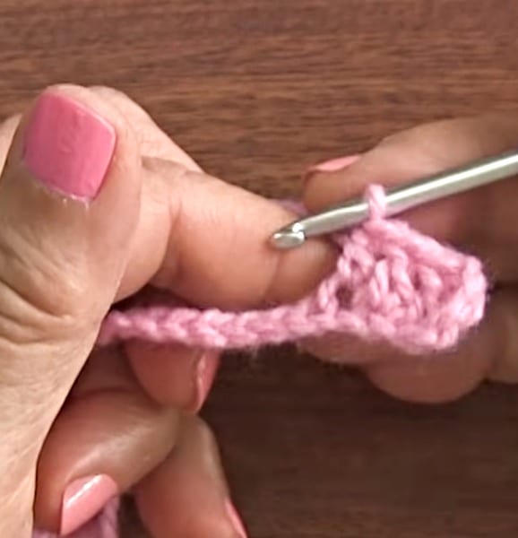 A person is holding a pink crochet hook.