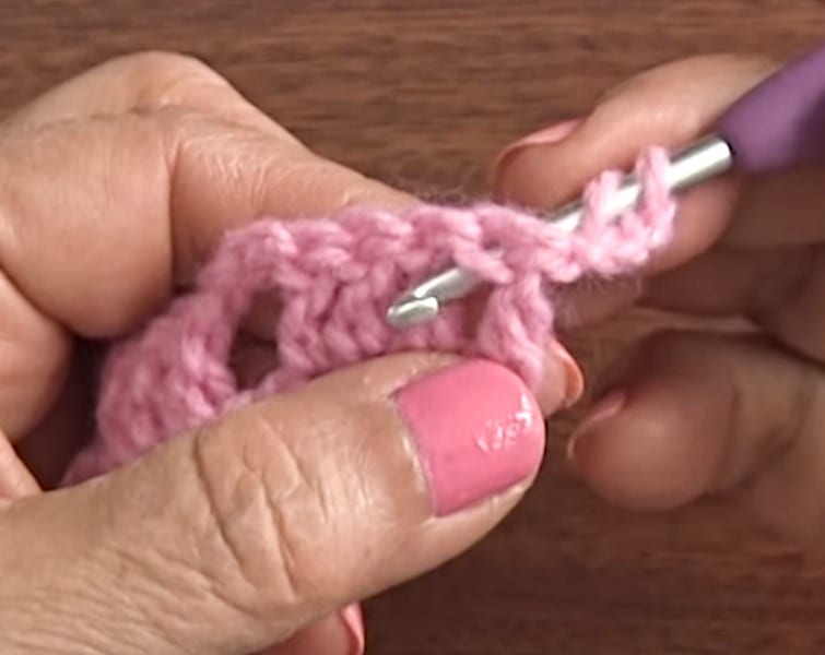 A person is holding a pink crochet hook.