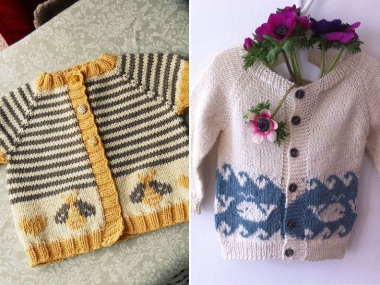 Two charming baby cardigans: one features cheerful stripes with yellow accents and playful puppy motifs, while the other is a cream delight adorned with a floral hanger and a blue geometric pattern, perfect for layering over cozy crochet blankets.