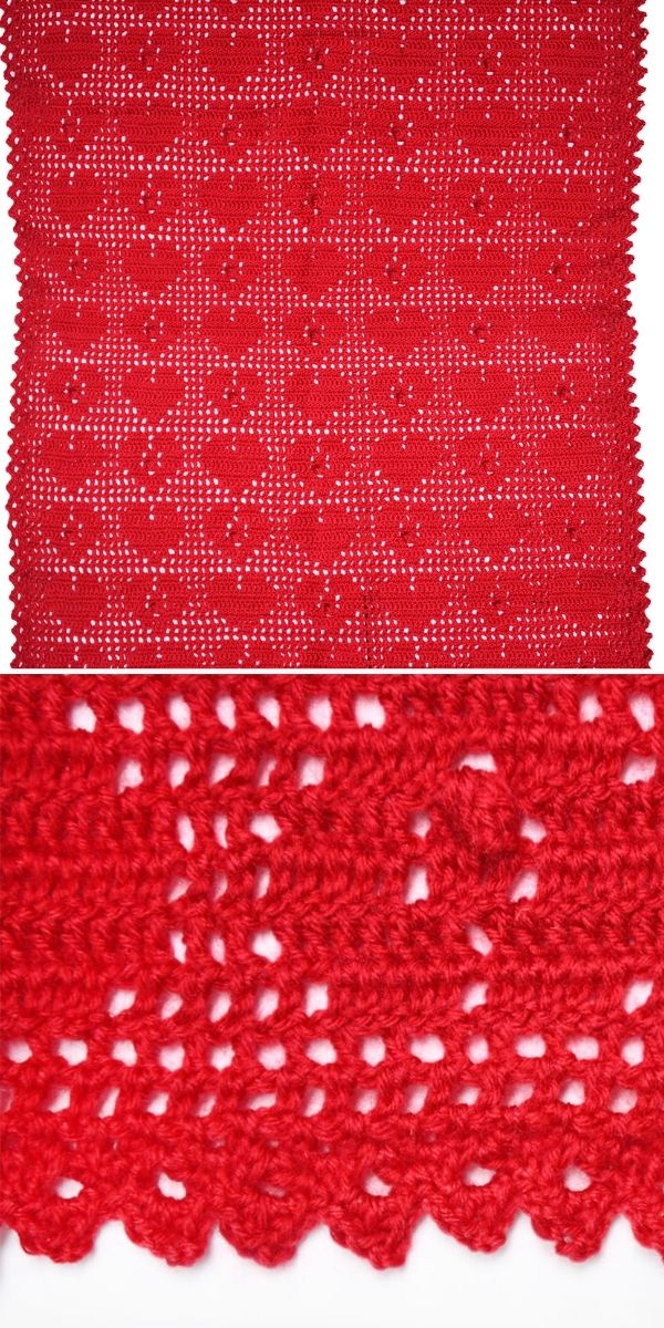red sweetheart baby afghan in filet crochet technique