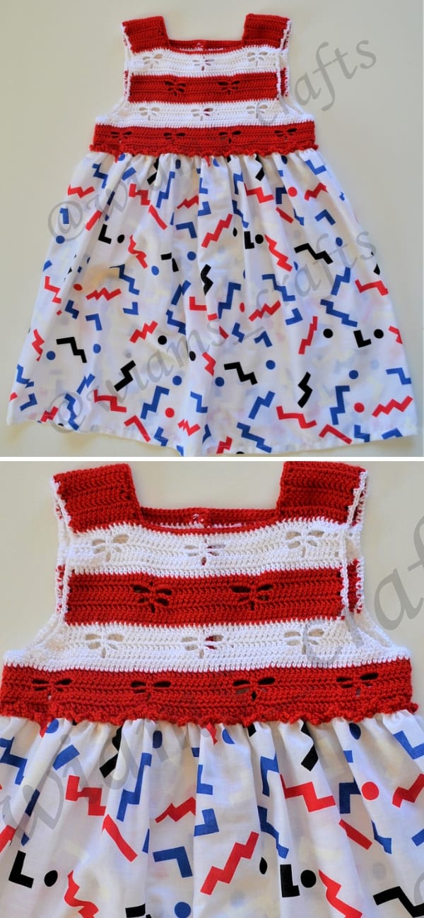 A sleeveless dress with a red and white crochet top and a colorful geometric patterned skirt, perfect for a casual day out.