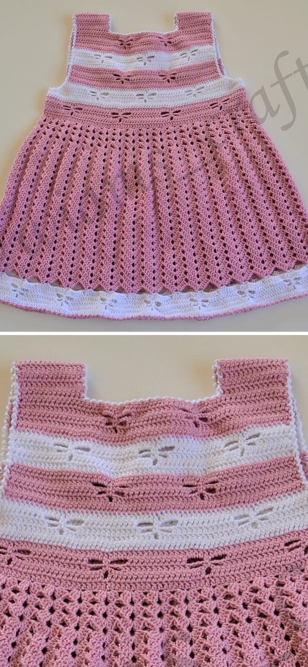 This charming pink and white crochet dress features a delightful striped pattern and butterfly design accents, crafted with intricate detail that reflects the elegance of CAL techniques.