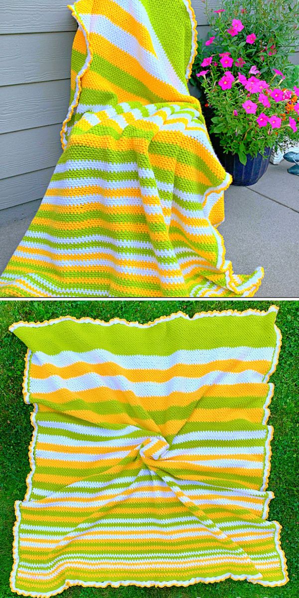 A crochet blanket on a patio.