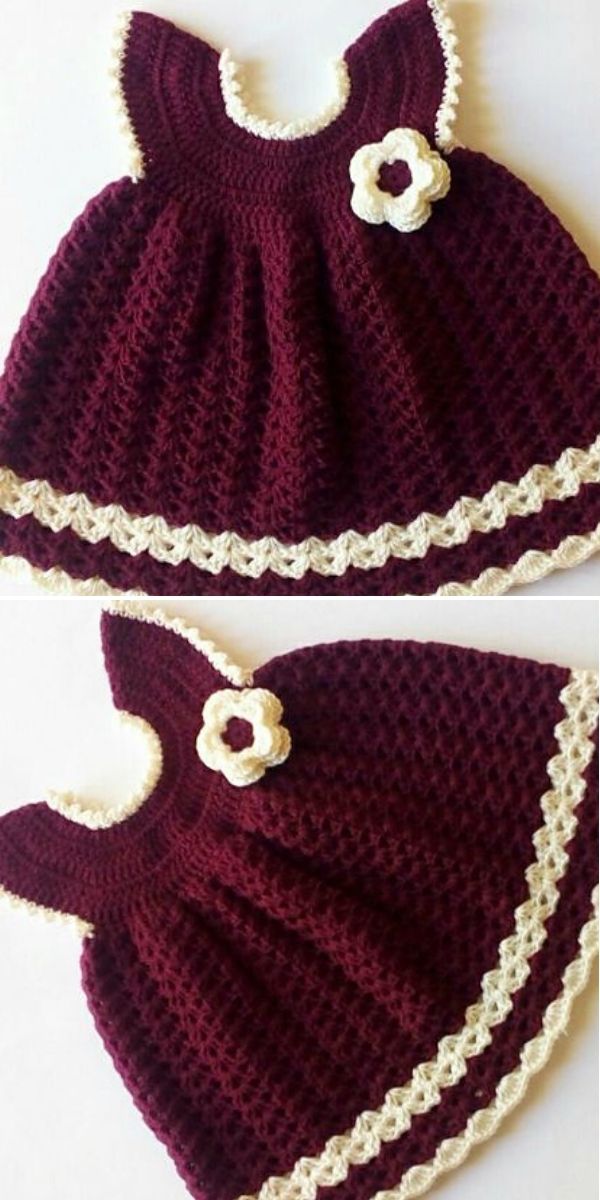 Two views of a handmade burgundy crochet dress for babies, featuring white trim and a delicate white flower decoration on the chest.