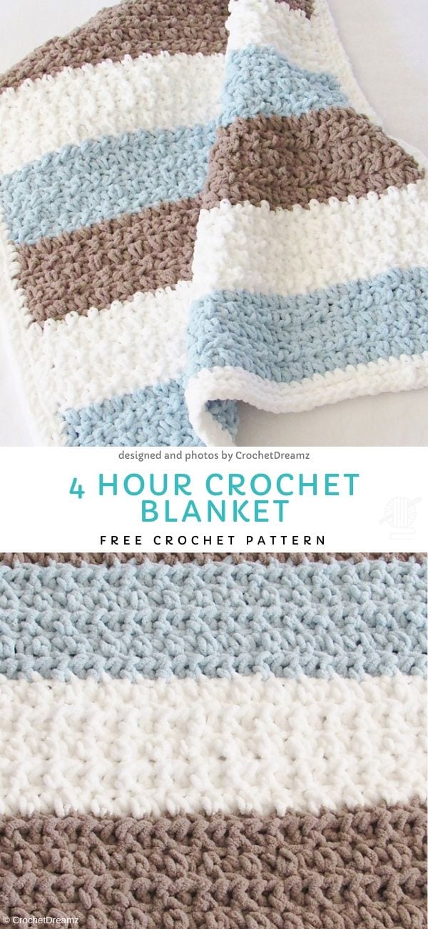 blanket in blue, brown and white