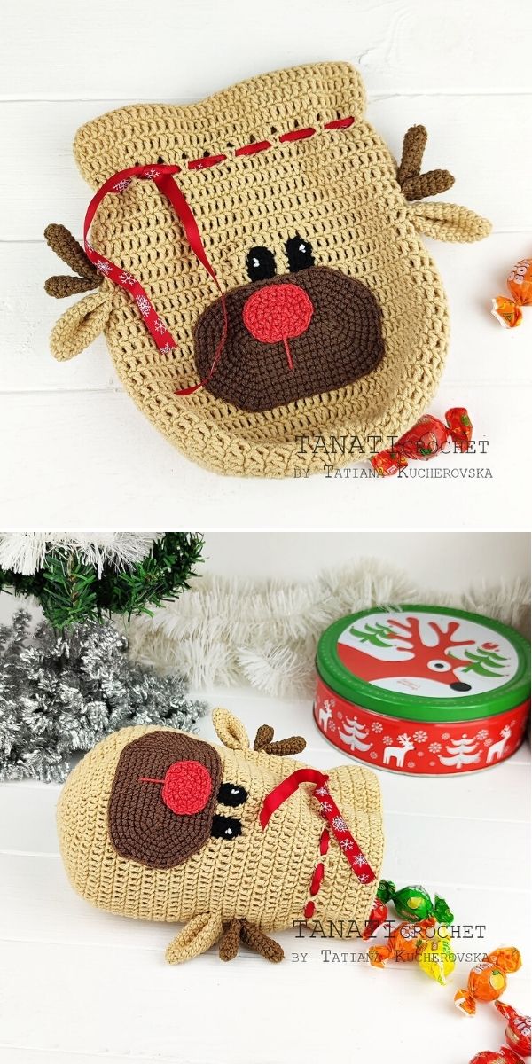 a crochet drawstring pouch with deer design