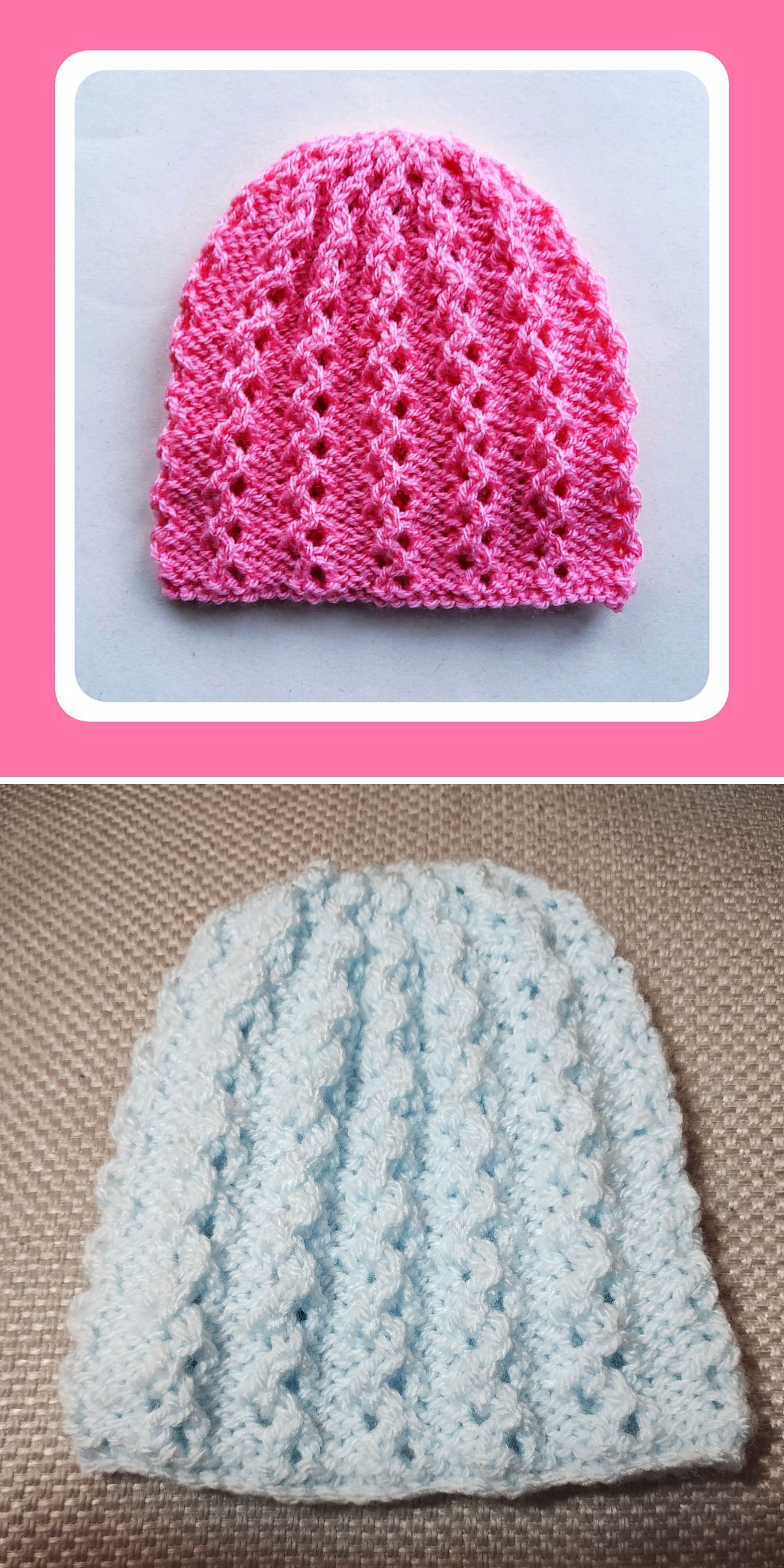 a knitted child’s hat with a textured design in vivid pink color