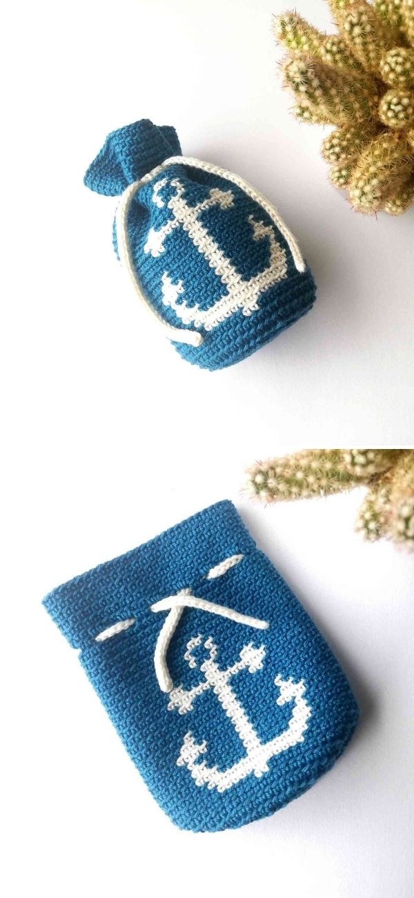 small tapestry crochet bag with an anchor