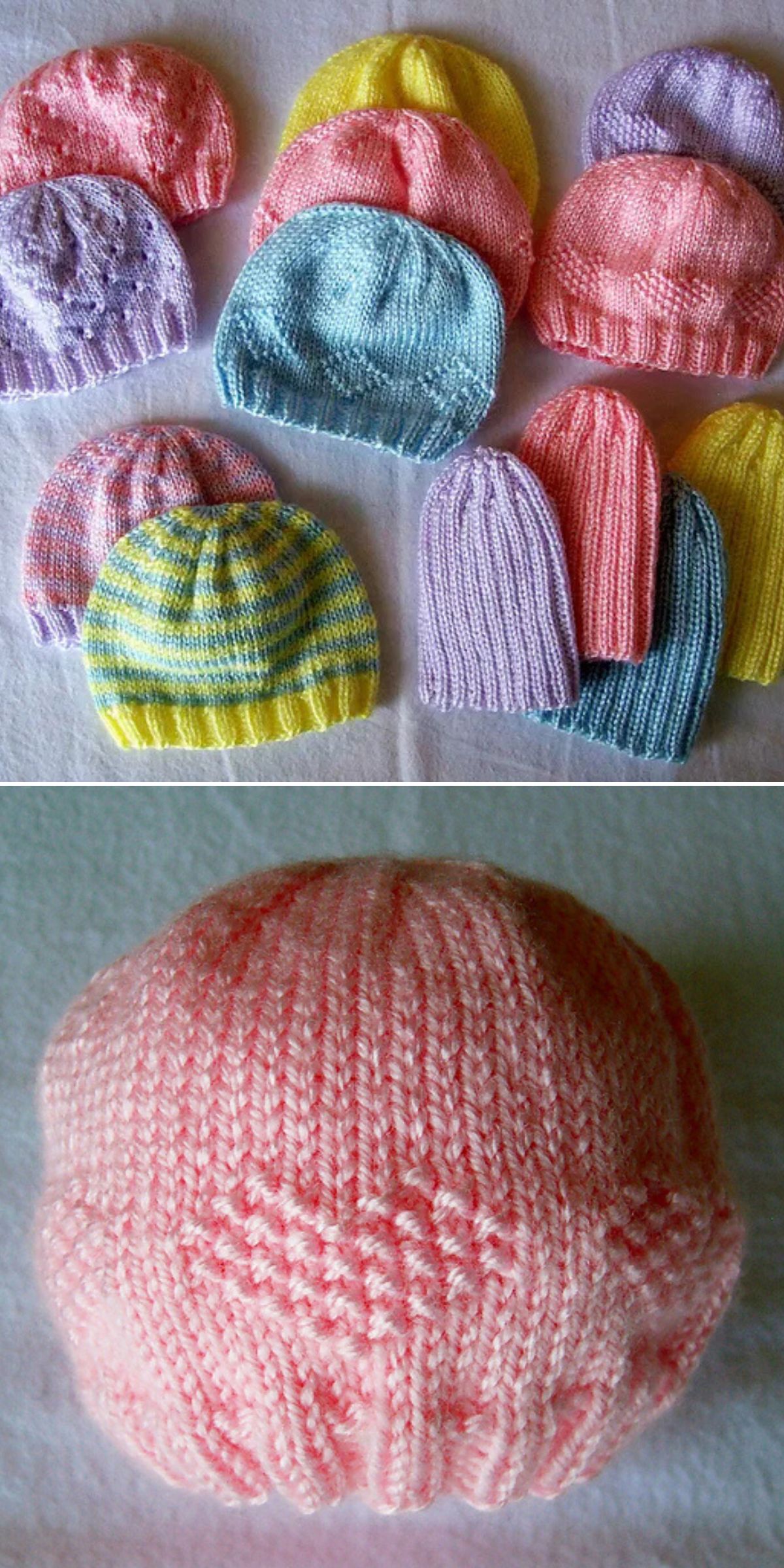 A collection of knitted baby hats in various colors and patterns, with a close-up view of a pink hat below.