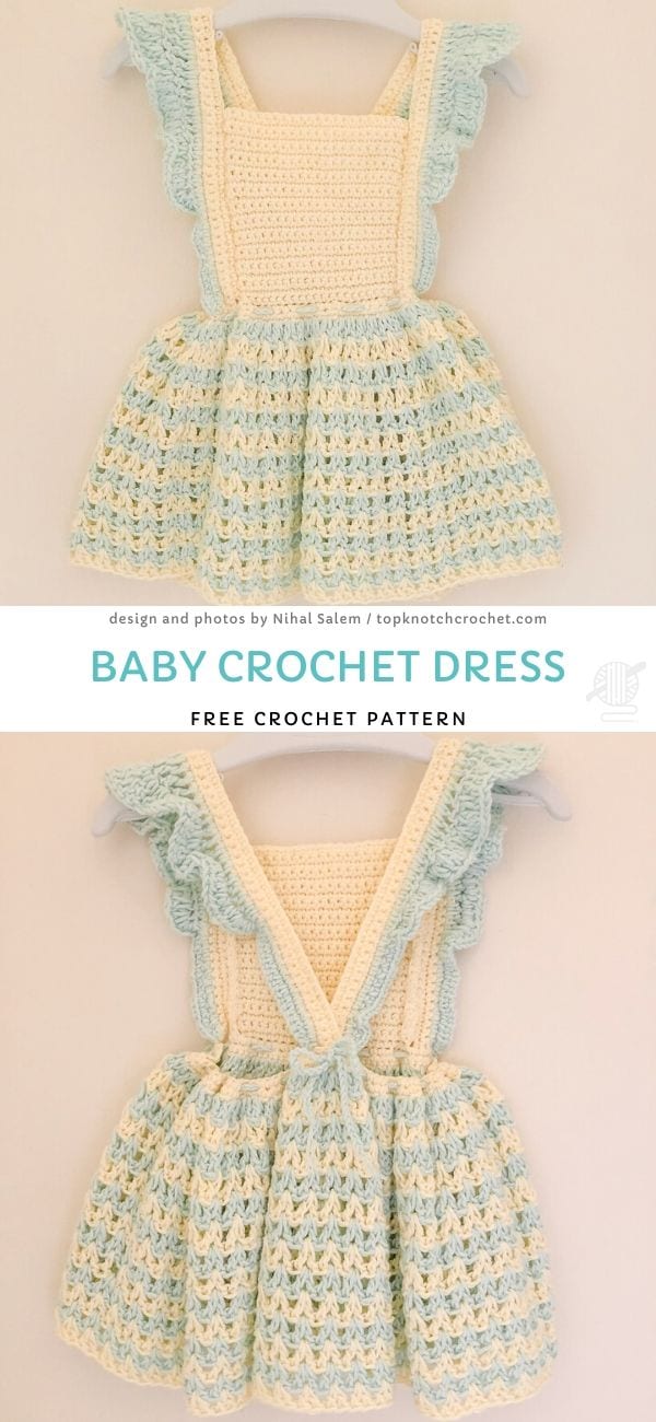 Pastel green and cream crochet dress with adorable ruffled sleeves and skirt. Perfect for your little one, this crochet dress includes a text overlay: "Baby Crochet Dress, Free Crochet Pattern.