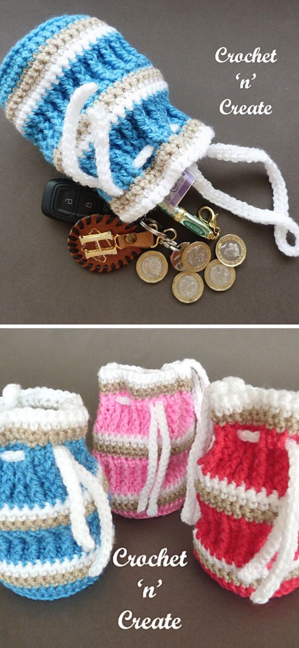 drawstring pouch with keys, coins, and other small things in it