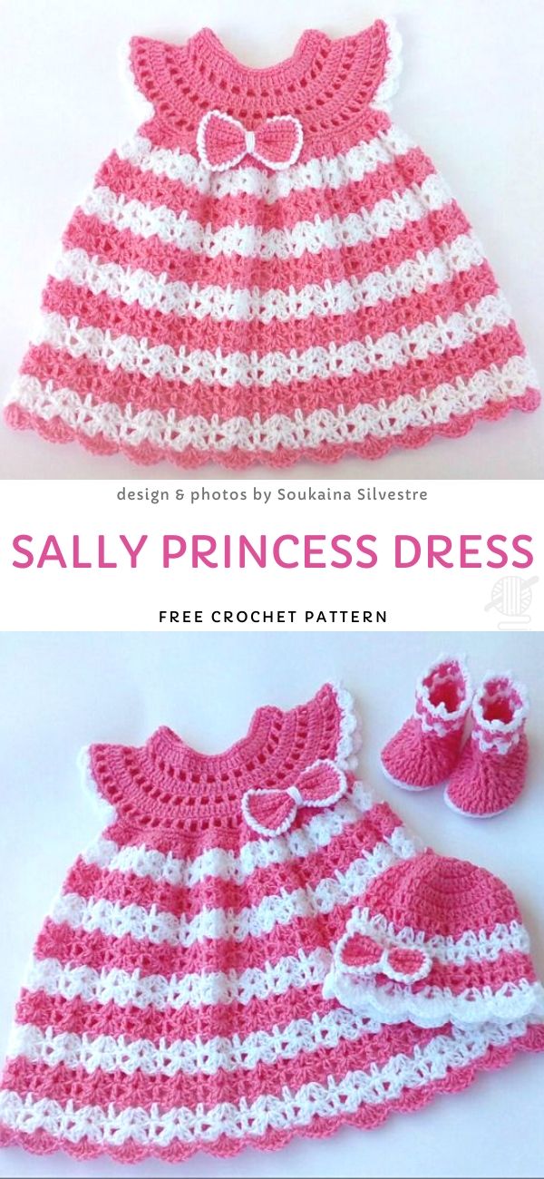 Pink and white crochet dress for babies, complete with matching shoes and hat, featuring a scalloped edge and delicate bow detail.