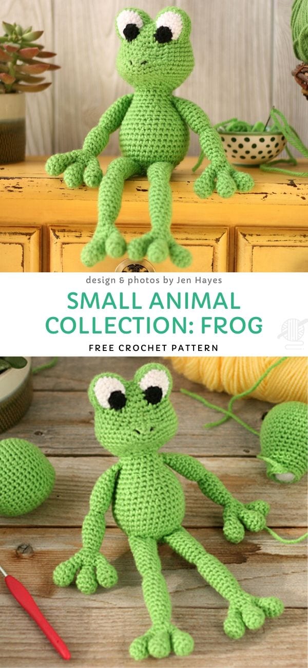 Crocheted green frog amigurumi with large eyes sits on a yellow chest, alongside yarn and a crochet hook. Text reads: "Small Animal Collection: Frog - Free Crochet Pattern.