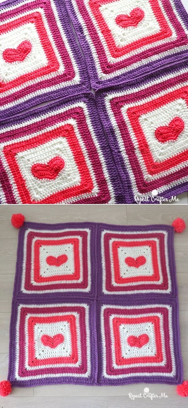 heart crochet blanket with pompoms