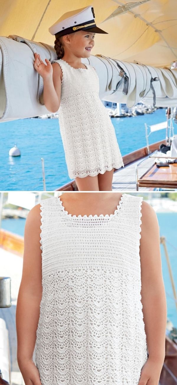 A child in a white crochet dress and sailor hat stands on a boat deck, smiling; close-up shows the crochet dress’s detailed pattern.