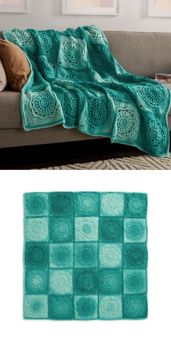 A crocheted teal and green blanket, perfect as one of your cozy crochet throws, features a striking square motif and is draped over a couch; a second image shows the blanket laid flat, displaying its pattern of 20 textured squares.