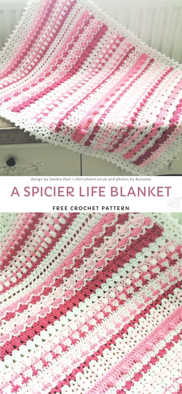 A cozy crochet throw in delightful pink, white, and red stripes with various textures adds charm while draped over a chair.