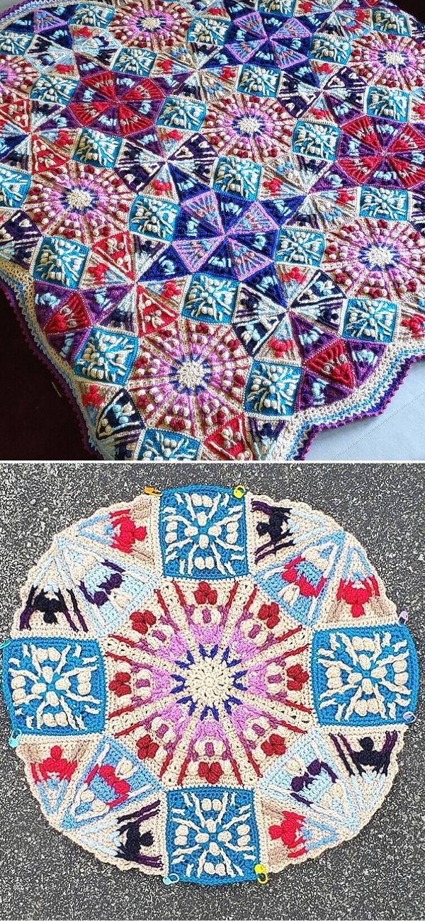 Two colorful crocheted pieces are showcased: the top is a vibrant, multicolored blanket with repeating geometric patterns, perfect for crochet throws; the bottom is a circular motif adorned with blue, pink, and red designs.
