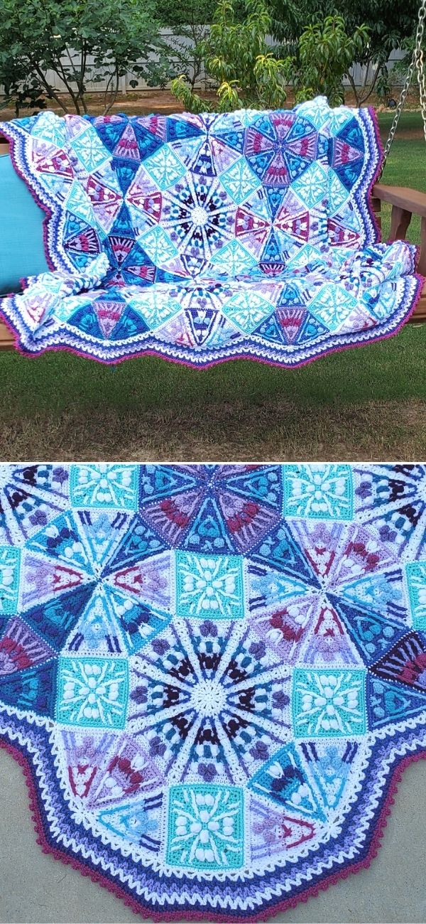 A colorful crochet blanket with geometric patterns in blue, purple, and white drapes elegantly on an outdoor bench. Nearby, a similar crochet throw is spread out on the grass, adding a charming touch to the serene setting.