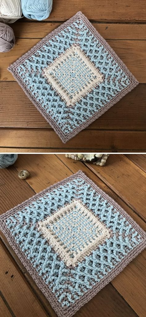 crochet square on dark wood