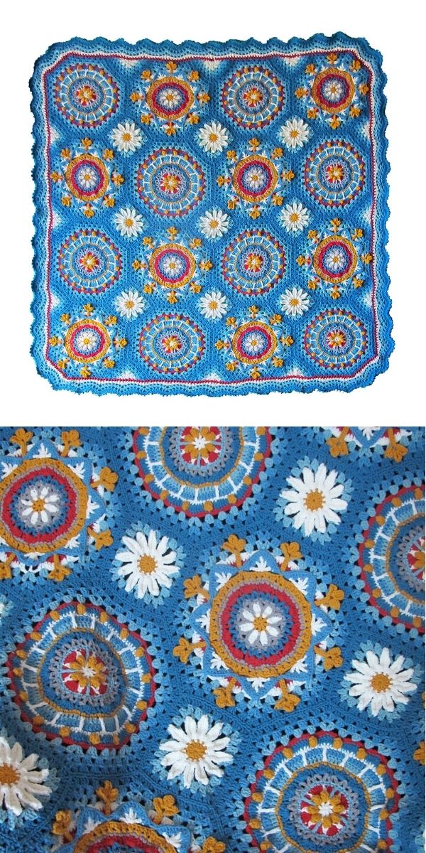 This beautiful crocheted blanket, perfect for use as one of your favorite crochet throws, features a soothing blue background adorned with circular patterns and charming white daisies with yellow centers. The scalloped edges add an elegant touch, while gold and red accents are thoughtfully woven throughout the design.