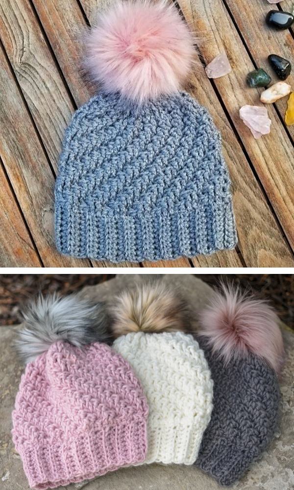 Diagonal Warm Raised Beanie free crochet pattern