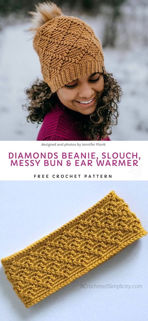 Diamonds Beanie Slouch Messy Bun & Ear Warmer