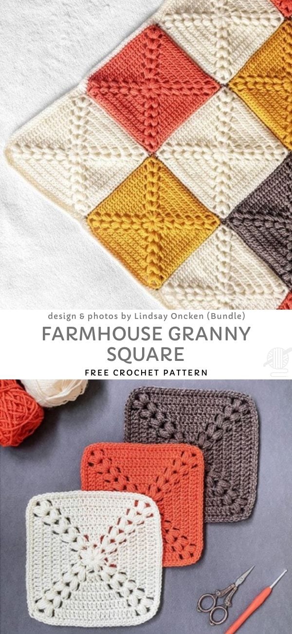 Crochet granny squares in various colors—cream, yellow, orange, brown—arranged on a surface. Display includes yarn balls, scissors, and crochet blankets pattern details by Lindsay Oncken.