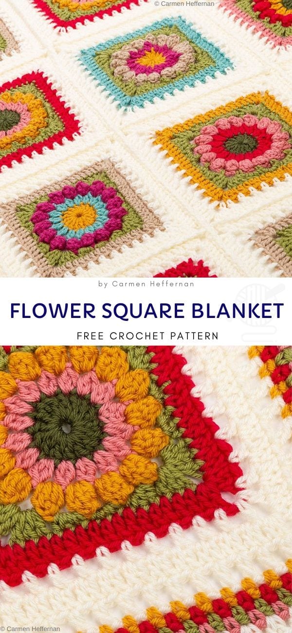 Flower square blanket free crochet pattern