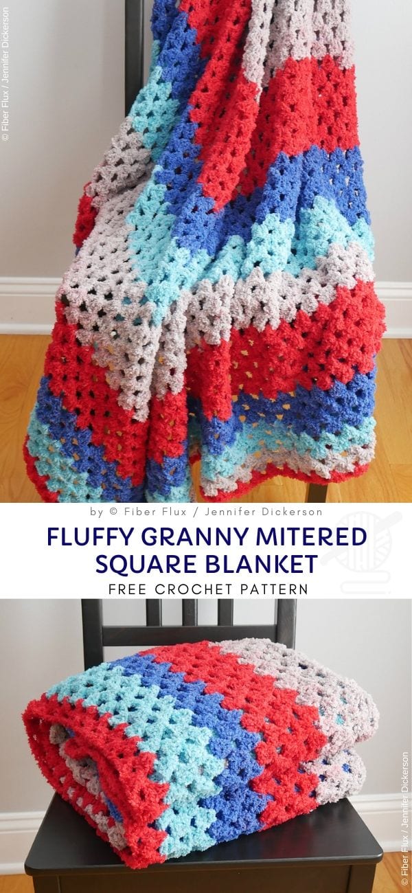Fluffy granny mitered square blanket free crochet pattern