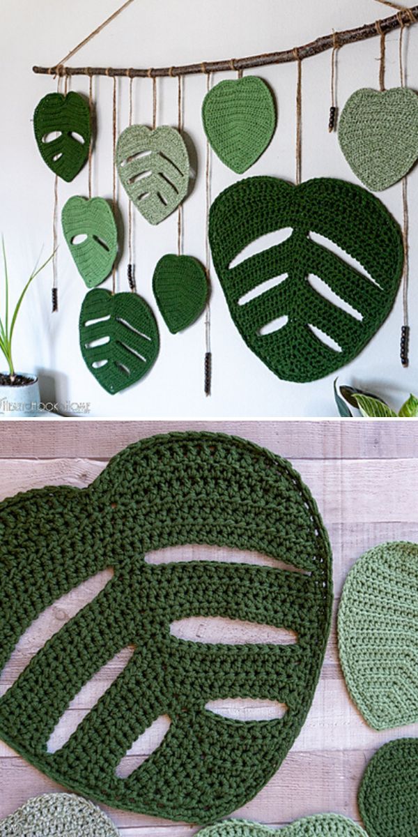 Crocheted leaves wall hanging.