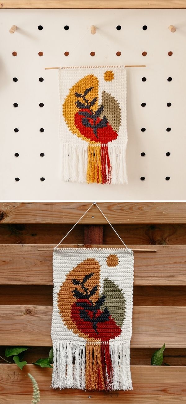 Two wall hangings with a yin and yang pattern.