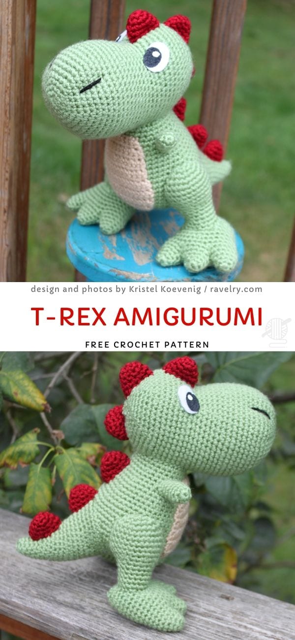 green crochet t-rex toy with red spikes