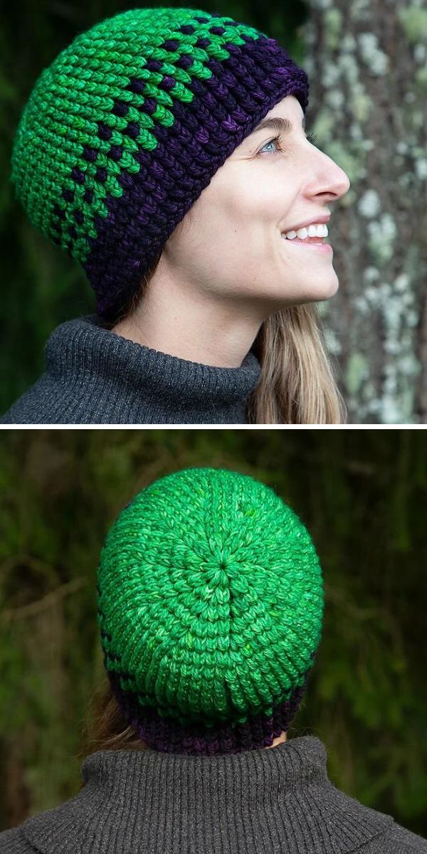 Two pictures of a woman wearing a crochet hat.