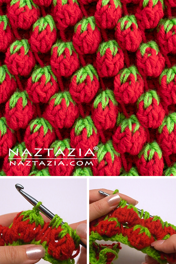 A series of decorative crochet stitches demonstrating the strawberry stitch.