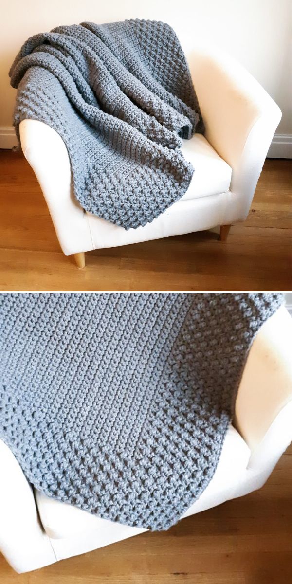 Two pictures of a grey crocheted throw blanket on a chair.