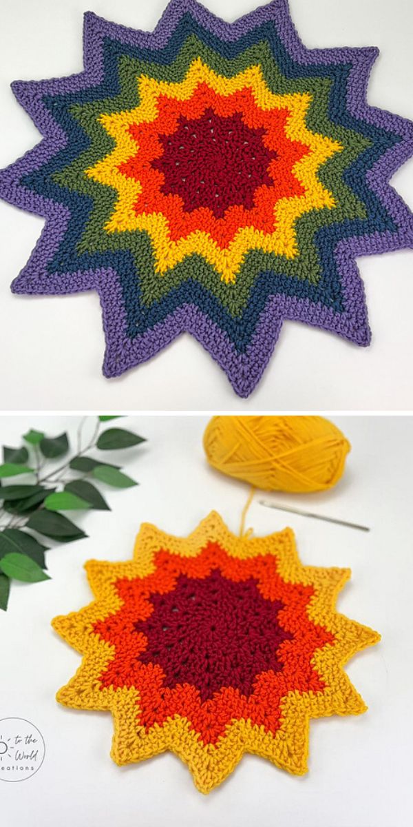 Two pictures of a crocheted star afghan, perfect for crochet enthusiasts.