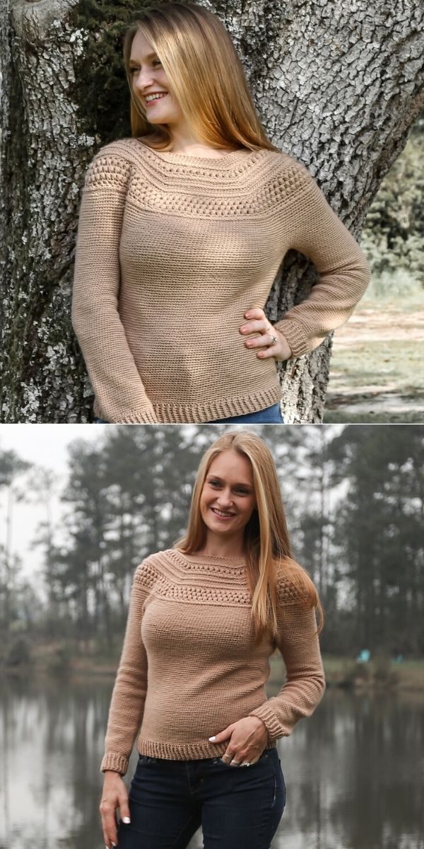 a woman in a beige crochet sweater with beautiful neck design with bobbles and stripes standing close to the tree trunk