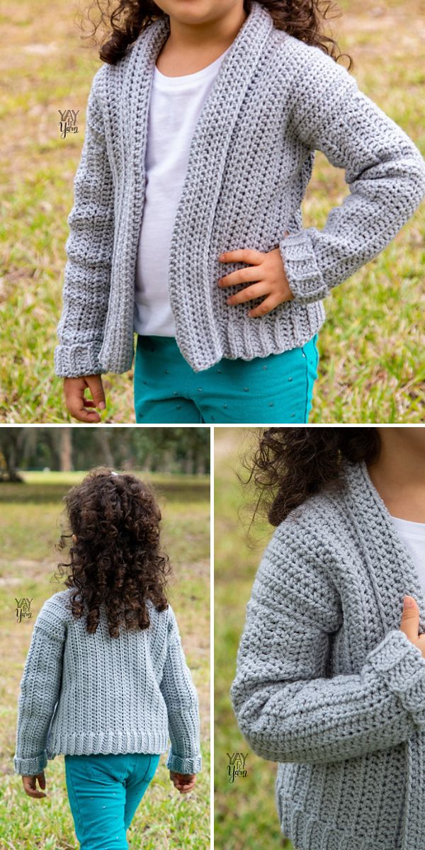 A child wearing a light gray crochet cardigan over a white shirt and teal pants, shown from the front, back, and in a close-up outdoors, highlights the timeless charm of handmade crochet cardigans for little ones.