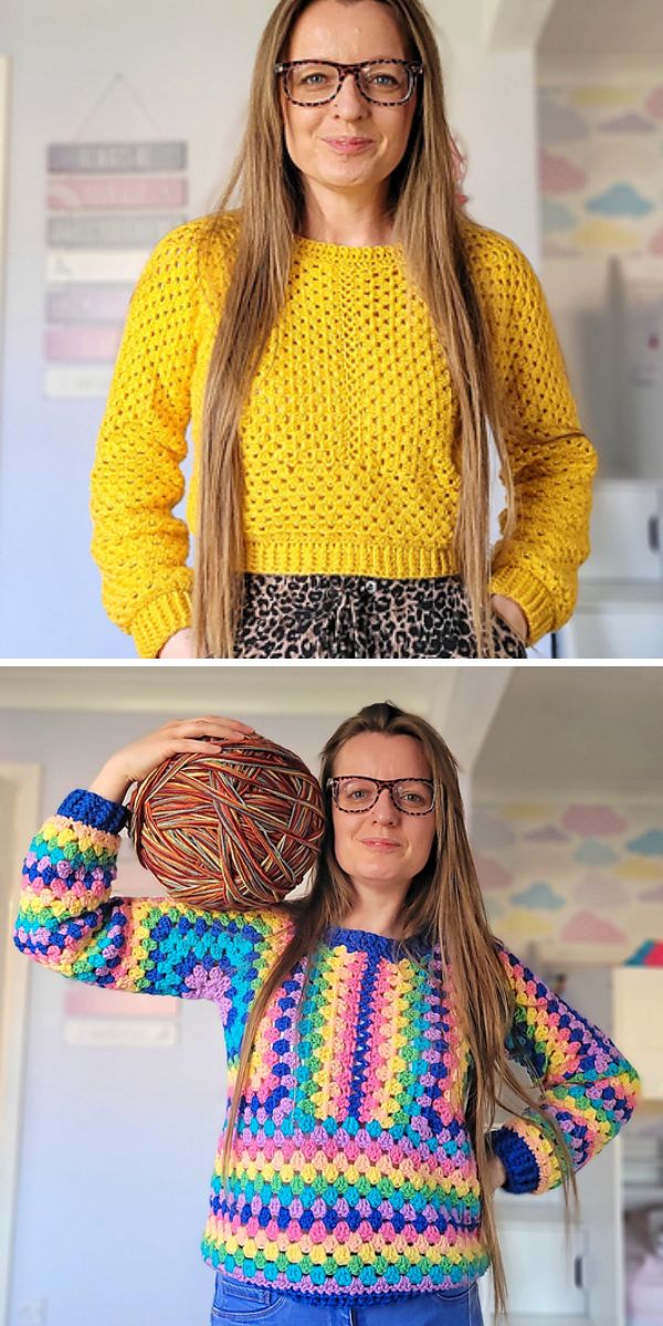 a woman in a bright yellow cropped crochet sweater
