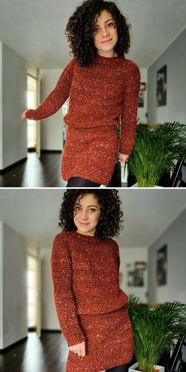 Sprinkles crochet Sweater and Skirt set on a woman with black curly hair