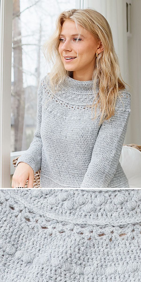 a light grey crochet sweater with a beautiful neck design