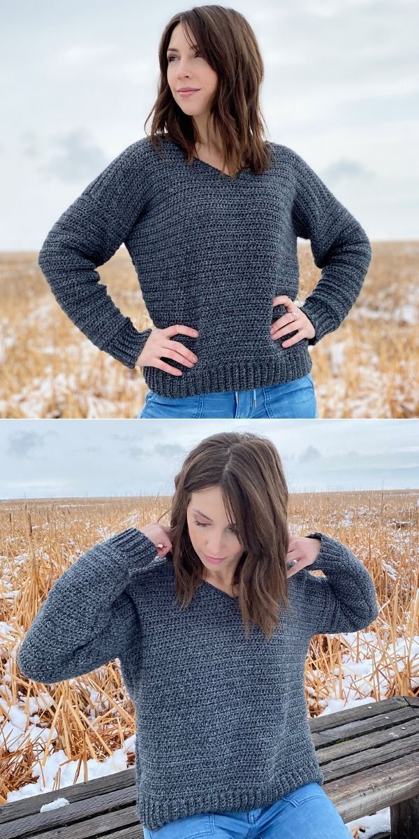 a woman wearing a simple crochet sweater with V-neck in dark grey color