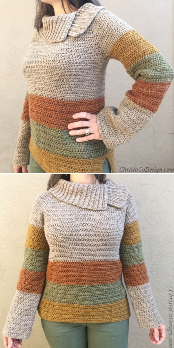 a crochet sweater with color blocks and voluminous cowl neck 